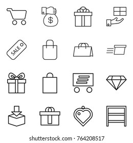 Thin line icon set : cart, money gift, sale, shopping bag, delivery, diamond, package, hi quality, heart pendant, rack