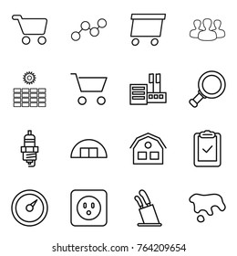 Thin line icon set : cart, graph, delivery, group, sun power, store, magnifier, spark plug, hangare, house, clipboard check, barometer, socket, stands for knives, spot