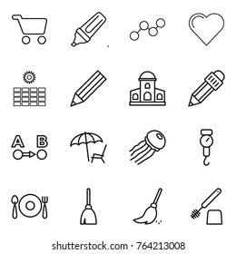 Thin line icon set : cart, marker, graph, heart, sun power, pencil, mansion, route a to b, lounger, jellyfish, handle scales, fork spoon plate, broom, toilet brush