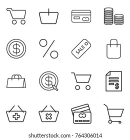 Thin line icon set : cart, basket, card, coin stack, dollar, percent, sale, shopping bag, arrow, account balance, add to, delete, credit