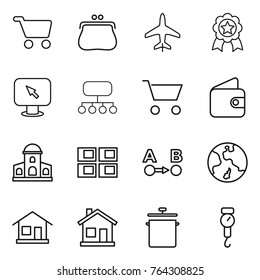 Thin line icon set : cart, purse, plane, medal, monitor arrow, structure, wallet, mansion, panel house, route a to b, earth, home, pan, handle scales