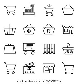Thin line icon set : cart, cashbox, add to, basket, delete, shop, shopping bag, delivery, pallet, credit card
