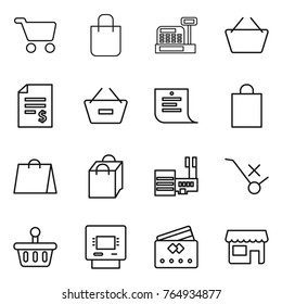 Thin line icon set : cart, shopping bag, cashbox, basket, account balance, remove from, list, mall, do not trolley sign, atm, credit card, shop