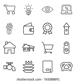 Thin line icon set : cart, bulb, eye, notebook, wallet, medal, tower, home, house with garage, do not distrub, water tap, plate washing, kitchen scales, pretzel