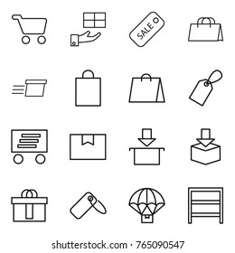 Thin line icon set : cart, gift, sale, shopping bag, delivery, label, package box, hi quality, parachute, rack