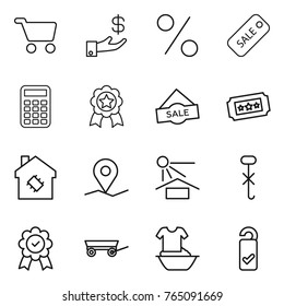 Thin line icon set : cart, investment, percent, sale, calculator, medal, ticket, smart house, geo pin, sun potection, do not hook sign, trailer, handle washing, please clean