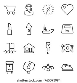 Thin line icon set : cart, call center, lightning, heart, lipstick, tower, sea shipping, heavy, pool, home, handle scales, fork spoon plate, hive, garden, hard reach place cleaning, iron