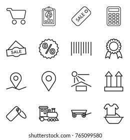 Thin line icon set : cart, report, sale, calculator, percent, bar code, medal, geo pin, sun potection, cargo top sign, label, train, trailer, handle washing