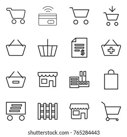 Thin line icon set : cart, tap to pay, add, basket, account balance, remove from, shop, store, shopping bag, delivery, pallet