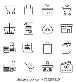 Thin line icon set : cart, shopping bag, tap to pay, add, basket, account balance, shop, store, list, mall, do not trolley sign, credit card