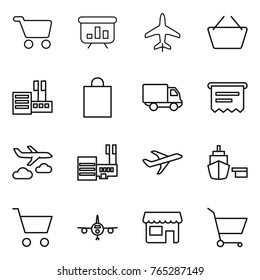 Thin line icon set : cart, presentation, plane, basket, store, shopping bag, delivery, atm receipt, journey, mall, port, shop