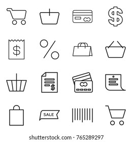 Thin line icon set : cart, basket, card, dollar, receipt, percent, shopping bag, account balance, credit, list, sale, bar code