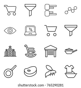 Thin line icon set : cart, funnel, diagram, graph, eye, notebook, hotel, rocking chair, garage, pan, steake, wasp, handle washing