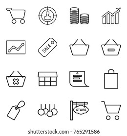 Thin line icon set : cart, target audience, coin stack, diagram, statistics, sale, basket, remove from, delete, market, shopping list, bag, label, store signboard