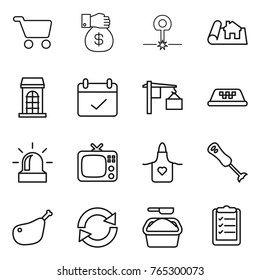Thin line icon set : cart, money gift, laser, project, building, terms, loading, taxi, alarm, tv, apron, blender, chicken leg, reload, washing powder, clipboard list