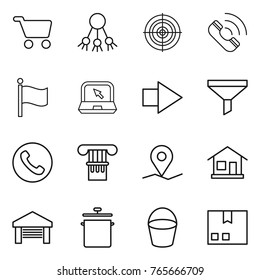 Thin line icon set : cart, share, target, call, flag, notebook, right arrow, funnel, phone, column, geo pin, home, garage, pan, bucket, package
