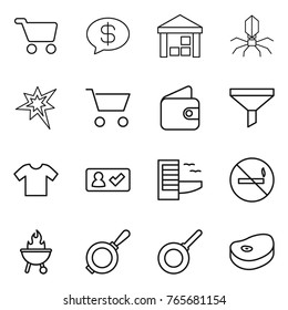 Thin line icon set : cart, money message, warehouse, virus, bang, wallet, funnel, t shirt, check in, hotel, no smoking, bbq, pan, steake