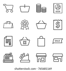 Thin line icon set : cart, basket, coin stack, annual report, shopping bag, medal, receipt, account balance, delete, sale, cashbox, shop