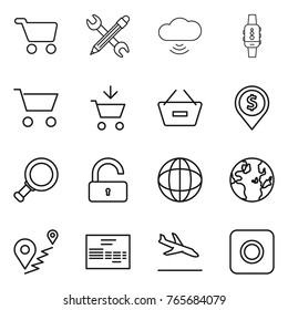 Thin line icon set : cart, pencil wrench, cloud wireless, smart watch, add to, remove from basket, dollar pin, magnifier, unlock, globe, route, invoice, arrival, ring button