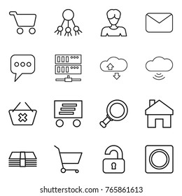 Thin line icon set : cart, share, woman, mail, message, server, cloude service, cloud wireless, delete, delivery, magnifier, home, money, unlocked, ring button