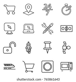 Thin line icon set : cart, pointer, 24 7, stopwatch, monitor arrow, notebook, pencil wrench, money, unlock, spark plug, pin, satellite, train, ring button, microwave oven