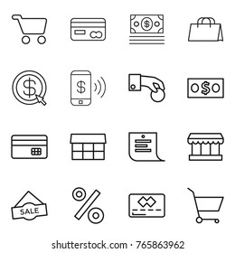Thin line icon set : cart, card, money, shopping bag, dollar arrow, phone pay, hand coin, credit, market, list, sale, percent