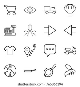 Thin line icon set : cart, eye, truck, parachute, cashbox, virus, right arrow, left, t shirt, route, sms, scooter shipping, earth, pan, wasp