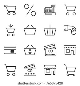 Thin line icon set : cart, percent, cashbox, add to, basket, hand coin, credit card, shop