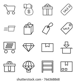 Thin line icon set : cart, money gift, sale, delivery, shopping bag, label, diamond, package box, hi quality, parachute, rack