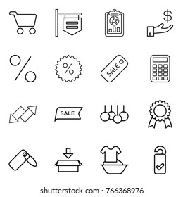 Thin line icon set : cart, shop signboard, report, investment, percent, sale, calculator, up down arrow, medal, label, package, handle washing, please clean