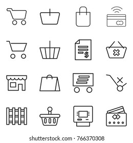 Thin line icon set : cart, basket, shopping bag, tap to pay, account balance, delete, shop, delivery, do not trolley sign, pallet, atm, credit card