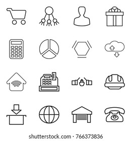 Thin line icon set : cart, share, man, gift, calculator, diagram, hex molecule, cloude service, wireless home, cashbox, drawbridge, building helmet, package, globe, garage, phone