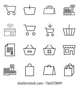 Thin Line Icon Set : Cart, Basket, Shopping Bag, Cashbox, Tap To Pay, Add, Account Balance, Remove From, Delete, Shop, Store