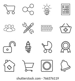 Thin line icon set : cart, share, bulb, abacus, group, pencil wrench, battery, add to basket, unlock, spark plug, baby stroller, medal, smart house, ring button, bell