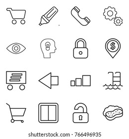 Thin line icon set : cart, marker, phone, gear, eye, bulb head, lock, dollar pin, delivery, left arrow, sorting, pool, power switch, unlocked, sponge with foam