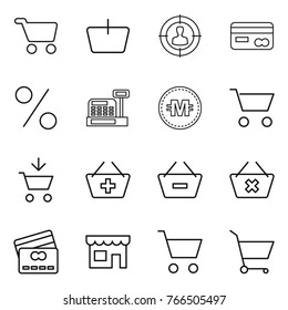 Thin line icon set : cart, basket, target audience, card, percent, cashbox, crypto currency, add to, remove from, delete, credit, shop