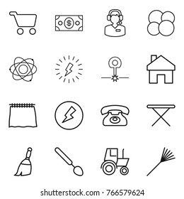 Thin line icon set : cart, money, call center, atom core, lightning, laser, home, curtain, electricity, phone, iron board, broom, big spoon, tractor, rake
