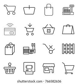 Thin line icon set : cart, basket, shopping bag, cashbox, tap to pay, add, delete, mall, do not trolley sign, pallet, atm, shop