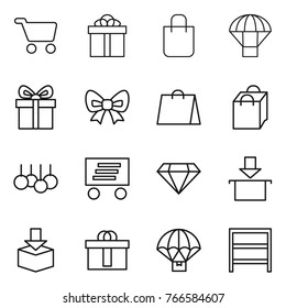 Thin line icon set : cart, gift, shopping bag, parachute, bow, sale, delivery, diamond, package, hi quality, rack