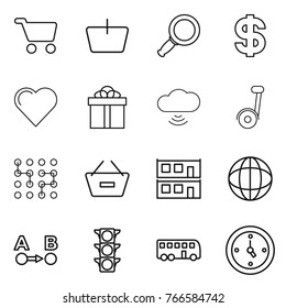 Thin line icon set : cart, basket, magnifier, dollar, heart, gift, cloud wireless,  chip, remove from, modular house, globe, route a to b, traffic light, bus, watch