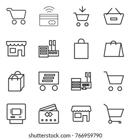 Thin line icon set : cart, tap to pay, add, remove from basket, shop, store, shopping bag, delivery, mall, atm, credit card