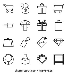 Thin line icon set : cart, money gift, delivery, parachute, shopping bag, label, sale, diamond, necklace, package, heart pendant, rack