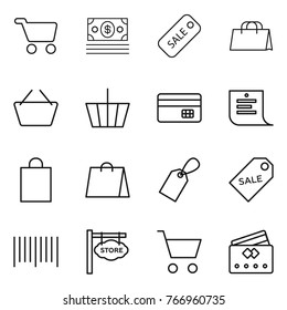 Thin line icon set : cart, money, sale, shopping bag, basket, credit card, list, label, bar code, store signboard