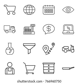 Thin line icon set : cart, globe, calendar, eye, truck, cashbox, money message, notebook, round flask, funnel, route, scooter shipping, workman, chest of drawers, pan