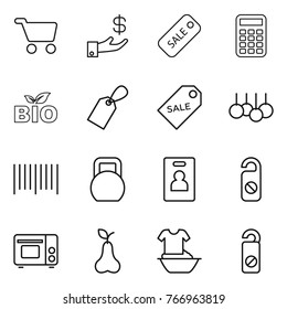 Thin line icon set : cart, investment, sale, calculator, bio, label, bar code, heavy, identity card, do not distrub, grill oven, pear, handle washing