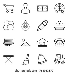 Thin line icon set : cart, man, money, dollar arrow, atom core, rocket, pencil, fountain, truck shipping, landscape, home, phone, iron board, broom, bell, tractor