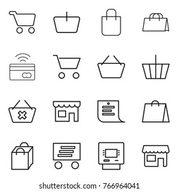 Thin line icon set : cart, basket, shopping bag, tap to pay, delete, shop, list, delivery, atm
