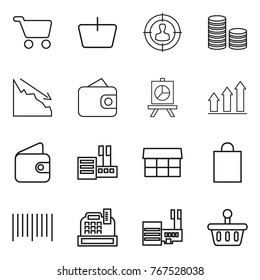 Thin line icon set : cart, basket, target audience, coin stack, crisis, wallet, presentation, graph up, store, market, shopping bag, bar code, cashbox, mall