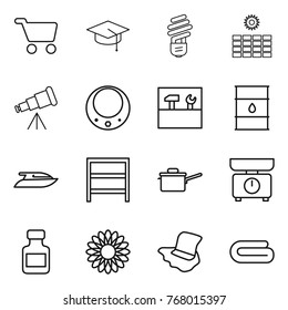 Thin line icon set : cart, graduate hat, bulb, sun power, telescope, necklace, tools, barrel, yacht, rack, saute pan, kitchen scales, pills bottle, flower, floor washing, towel