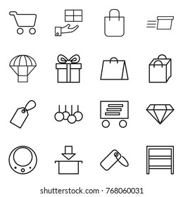 Thin line icon set : cart, gift, shopping bag, delivery, parachute, label, sale, diamond, necklace, package, rack